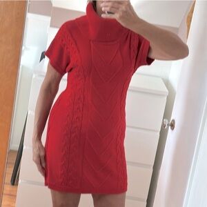 Calvin Klein red sweater mini dress, red sweater tunic, Christmas red sweater